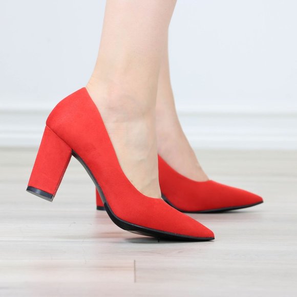 Classic Block High Heel Slip On Pointed Toe Pumps Red Suede - Picture 12 of 12